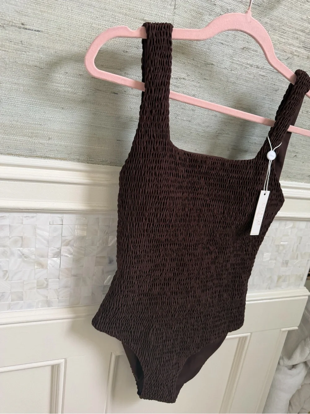 NWT new small free people citrine Jenni smocked swimsuit one piece smocked brown